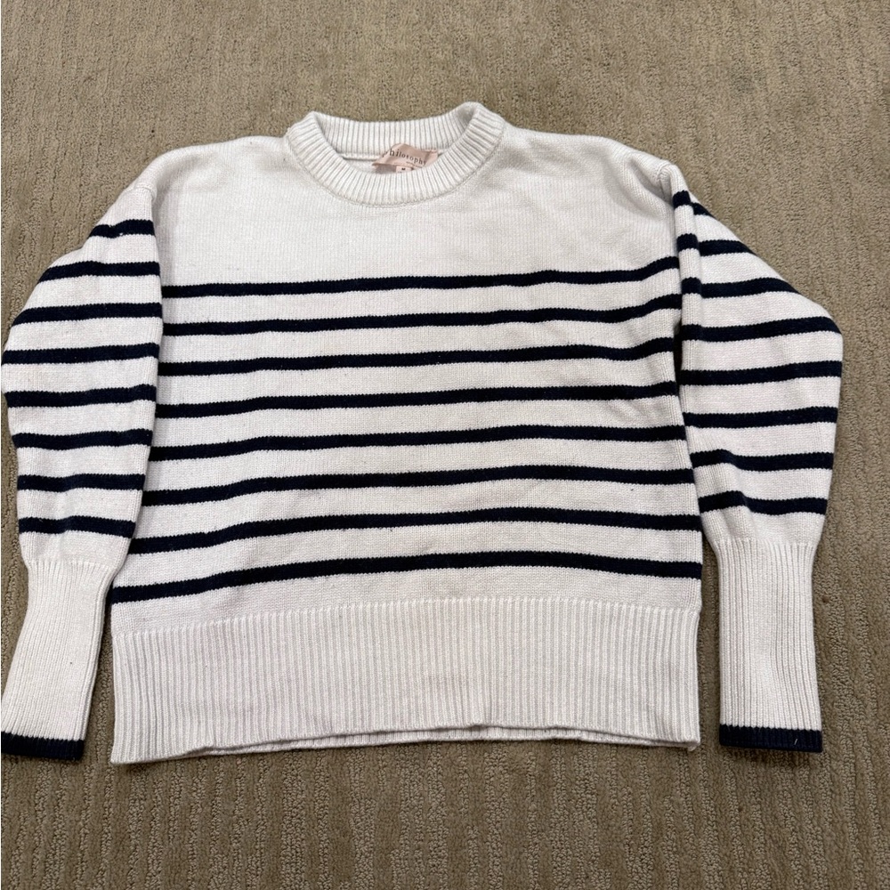 Philosophy White and Navy blue Striped Sweater